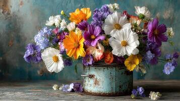 Brightly colored bouquet of wildflowers displayed in a vintage tin container on a rustic wooden table photo