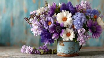 Beautiful bouquet of purple and white flowers in rustic metal vase on wooden table with a textured blue background photo