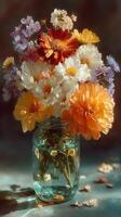 Vibrant bouquet of assorted flowers in a glass vase on a soft background during daylight photo