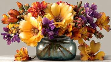 Vibrant flower arrangement in a rustic jar with mixed blooms and colors on a neutral background photo