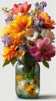 Colorful flower bouquet in a glass jar displayed indoors during daylight photo