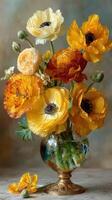 Colorful bouquet of poppies in a decorative vase displayed in an indoor setting photo