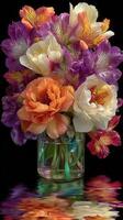 Colorful floral arrangement in a glass vase with reflections on a dark background photo