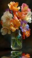 Colorful flowers in a jar reflecting light against a dark background in a cozy setting photo