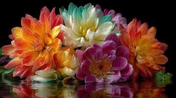 Colorful water lilies and dahlias arranged beautifully, showcasing vibrant colors on a dark background photo