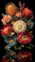 Vibrant bouquet of flowers with rich colors and textures arranged beautifully against a dark background photo