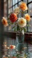 Beautiful roses in a glass vase next to a large window filled with natural light during a serene afternoon photo