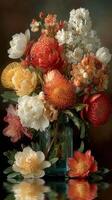 Vibrant floral arrangement featuring various blooms in a glass vase against a dark background photo