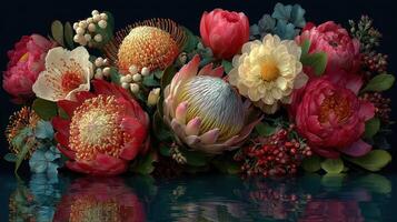 Bright arrangement of diverse flowers reflected in calm water on a serene backdrop photo