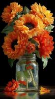 Vibrant display of sunflowers in a mason jar against a dark background, showcasing their radiant colors and intricate details photo
