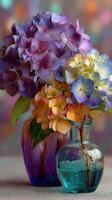 Beautiful arrangement of colorful hydrangeas in decorative vases on a soft background at a home setting photo