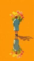 Child with a bouquet of vibrant tulips stands against a bright orange backdrop in a serene moment of reflection photo