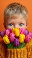 Child holding a vibrant bouquet of tulips against an orange background in a cozy indoor setting photo