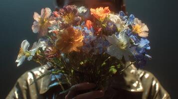 Holding a vibrant bouquet of colorful flowers in a soft illuminated setting during the evening photo