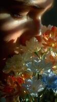 Person inhaling the fragrance of colorful flowers in soft light during a serene moment photo