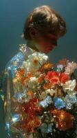 Boy holding vibrant flowers with reflective background in artistic setting during golden hour light photo