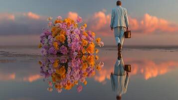 Man walking away from colorful flowers on a reflective surface during sunset in a tranquil landscape photo