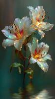 Beautiful white lilies with shimmering petals in still water create a serene atmosphere in a tranquil setting photo