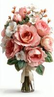 Colorful floral arrangement showcasing peonies and cherry blossoms in a glass vase with a ribbon during spring photo