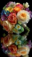 Colorful floral arrangement showcasing a variety of roses and wildflowers reflecting elegantly on a dark surface photo