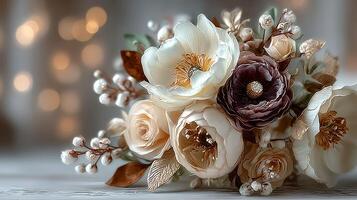 Elegant floral arrangement with white and cream flowers for decorative celebration indoors photo