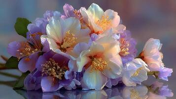 Beautiful cluster of pastel-colored flowers arranged elegantly on a reflective surface in soft natural light photo