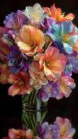 Colorful bouquet of assorted flowers arranged in a glass vase on a dark background photo