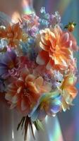 Vibrant bouquet of pastel flowers arranged elegantly in a soft, lit background during daylight photo