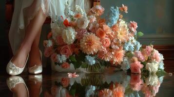 Elegant floral arrangement beside woman in soft shoes, showcasing pastel hues at a serene indoor location photo