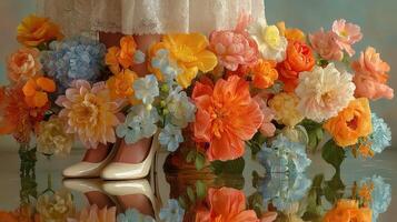 Elegant display of colorful flowers surrounds a bride's feet in white heels during a spring wedding photo