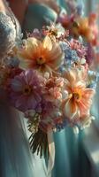 Elegant bridal bouquet adorned with pastel flowers captured indoors during wedding preparations photo