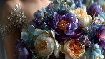 Elegant bridal bouquet featuring peonies, roses, and blue delphiniums held by a bride photo