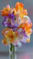 Colorful bouquet of alstroemeria flowers in a glass vase capturing the essence of a vibrant spring day photo