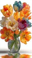 Bright and colorful bouquet of tulips in a clear glass vase on a white background photo