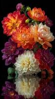 Vibrant floral arrangement showcasing diverse blooms captured against a dark background with reflective surface photo