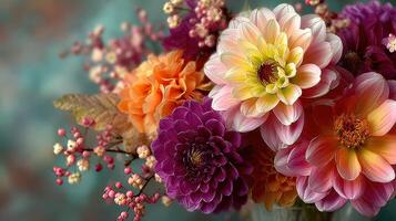 Colorful floral arrangement with dahlias and berries in a soft focus background photo