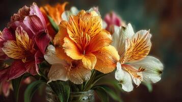 Floral arrangement with colorful alstroemeria flowers in a jar showcasing water droplets in soft lighting photo