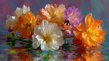 Flowers in vibrant colors reflected in water create a serene atmosphere during the early morning light photo