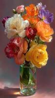 Colorful flower bouquet in a glass vase showcasing vibrant blooms arranged artfully on a soft background photo