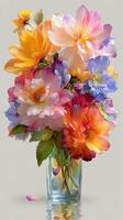 Colorful bouquet of fresh flowers in a glass vase on a neutral background showcasing the beauty of spring photo