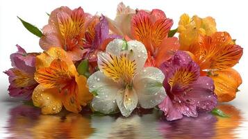 Colorful alstroemeria flowers with water droplets arranged elegantly on a reflective surface photo