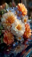 Bright flowers resting on smooth surface reflecting soft hues during early morning light photo