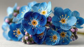 Beautiful blue flowers display dewdrops in soft natural light, showcasing their vivid colors and delicate petals photo