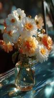 Vibrant bouquet of colorful flowers in a glass vase on a classic car hood during a sunny day photo