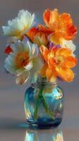 Beautiful bouquet of orange and white flowers in a glass jar on a simple background photo