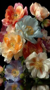 Beautiful arrangement of colorful flowers with intricate details and reflections captured in a dark setting photo