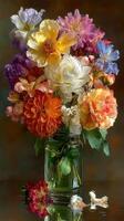 Colorful bouquet of fresh flowers in a glass jar on a wooden table with small decorative pieces nearby photo