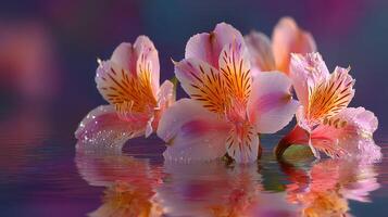 Colorful flowers bloom and reflect on water surface in tranquil aquatic setting at sunset photo
