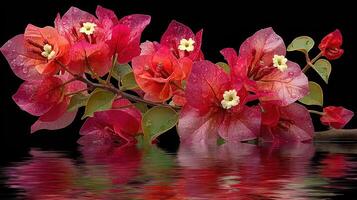 Bougainvillea flowers resting peacefully on calm water reflecting vibrant colors in serene atmosphere photo