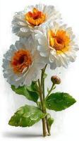 Beautiful bouquet of white and orange flowers with droplets on petals placed on a soft background photo
